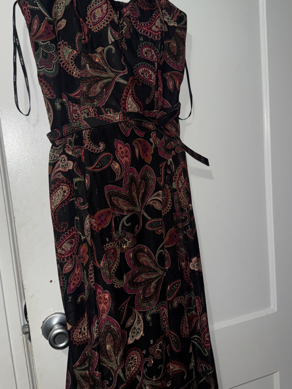 BCBG Women’s Black Paisley Belted Dress - Elegant Evening Style